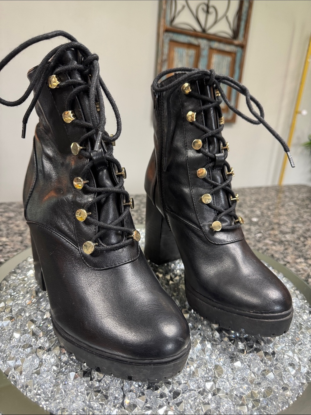 Express Black Lace-Up Platform Ankle Boots with Gold Hardware - Picture 2 of 16